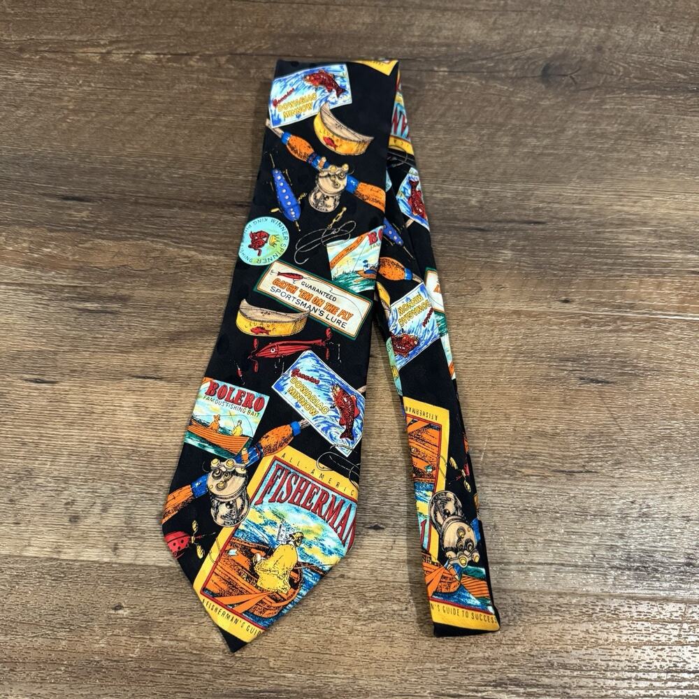 Vintage Addiction Fisherman Theme Silk Necktie 56” Lure Boat Teacher Dad Gift